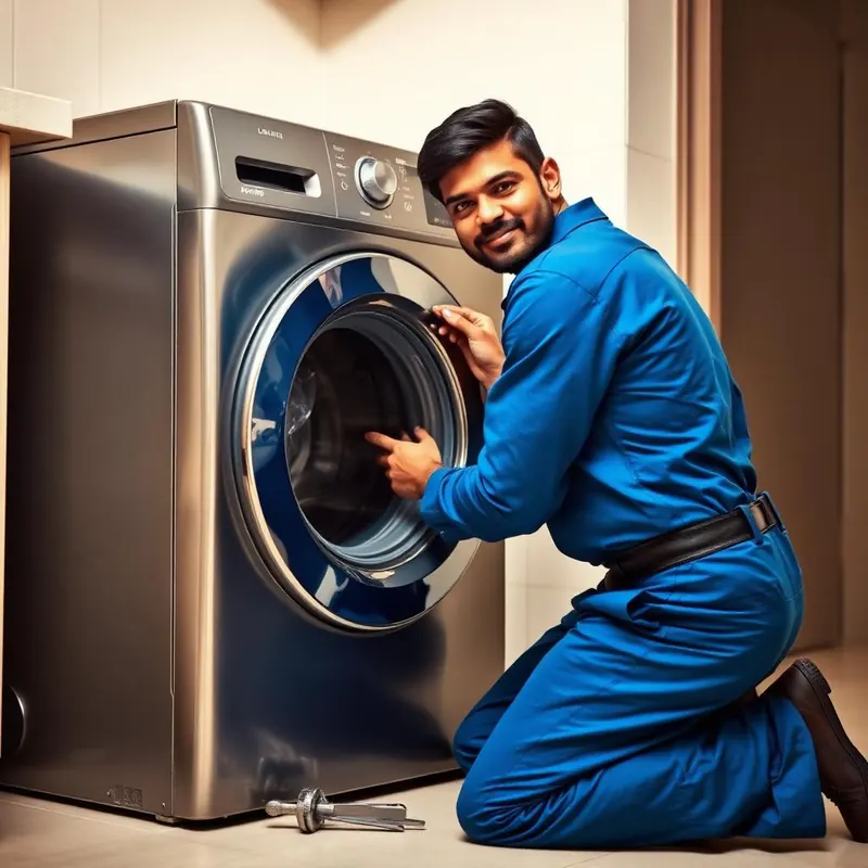 Washing machine technician attending a front load machine in Bangalore